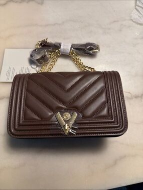 Chevron Quilted Brown Crossbody with Gold Chain Strap